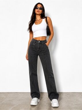 flamingals gray utility pants size S NWT high rise straight leg seam detail